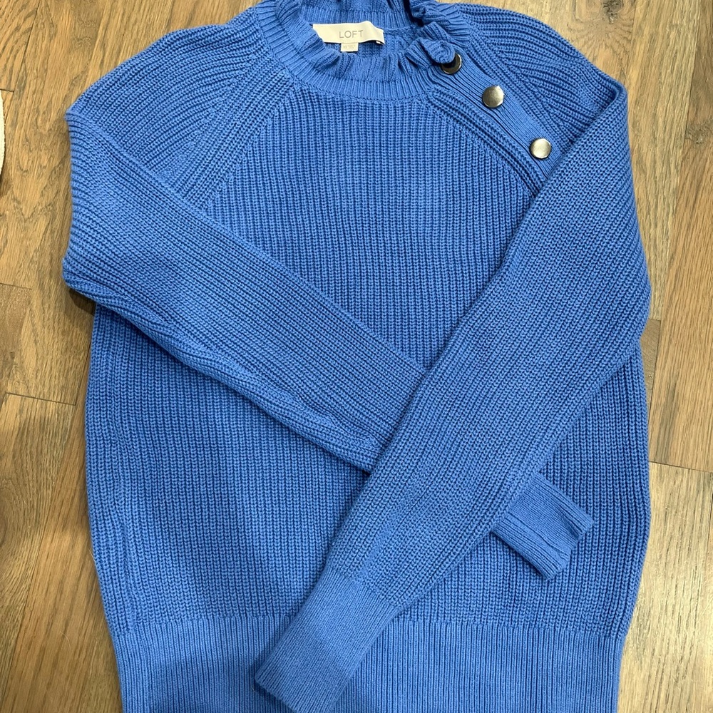 LOFT Blue Ruffle Neck Sweater with Button Detail, XS